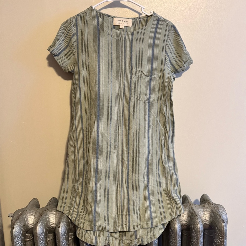 Cloth & Stone Women's Short Sleeve Linen Blend Dress XS Blue Green Indie Boho